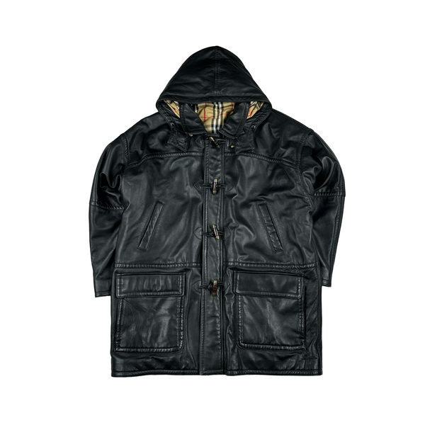 Burberry Leather Nova Check Lined Hooded Heavyweight Jacket