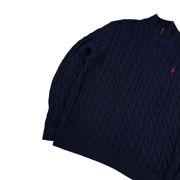 Ralph Lauren Navy Cotton Cable Knit Quarter Zip Jumper - XL