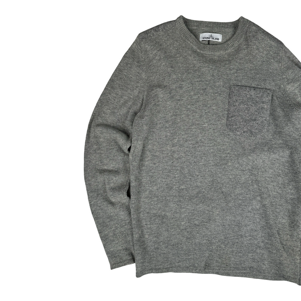Stone Island 2018 Grey Wool Chest Pocket Crewneck Jumper - Medium