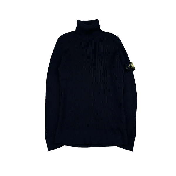 Stone Island 2022 Black Thick Ribbed Cotton Knit Roll Neck Jumper - XL