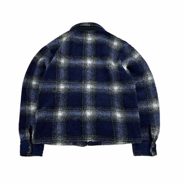 Stussy Blue Checked Teddy Fleece Zipped Jumper - Medium