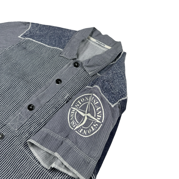 Stone Island 2009 Blue Pin Striped Linen Panelled Short Sleeve Shirt - XXL
