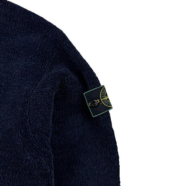 Stone Island 1995 Navy Knitted Chenille Green Edge Mock Neck Pullover - XL