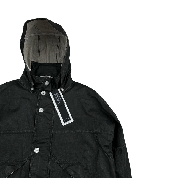 Stone Island 2024 Black Raw Plated Linen Marina Spellout Zipped Jacket - Large