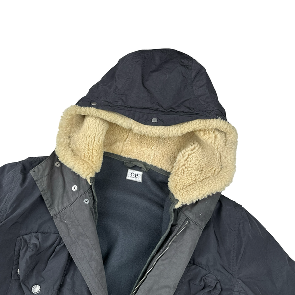 CP Company Black Shearling Lined Hood Parka Multi Pocket Jacket - Medium