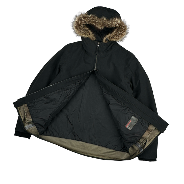 Prada Black Racoon Fur Hood Goretex Parka Jacket - Large