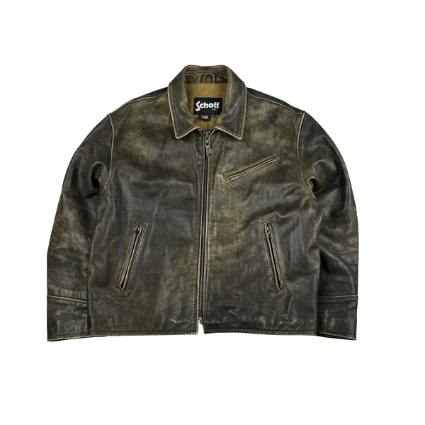 Schott Brown Cowhie Cuir Vachette Leather Zipped Collar Jacket - XXL