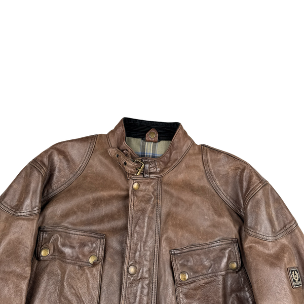 Belstaff Brown Multi Pocket Field Leather Zipped Heavyweight Jacket - XL
