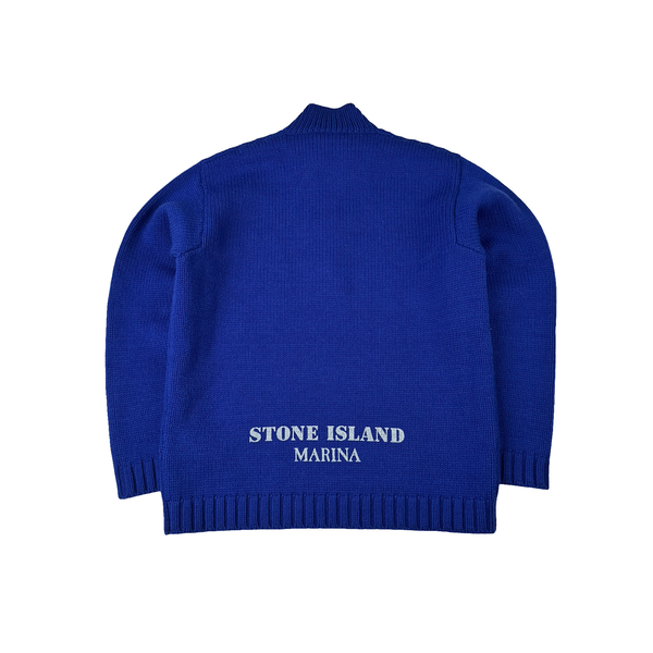 Stone Island 2025 Marina Blue Quarter Zip Pure Wool Knit Spellout Jumper - Large