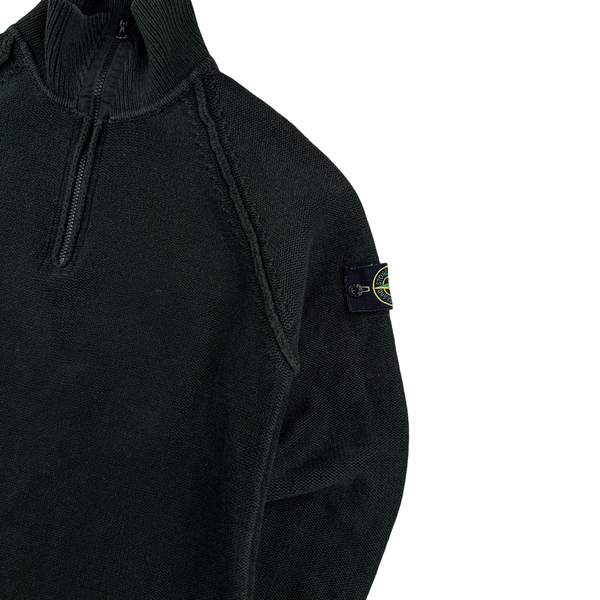 Stone Island 2004 Washed Black Cotton Quarter Zip Neck Pullover - XL