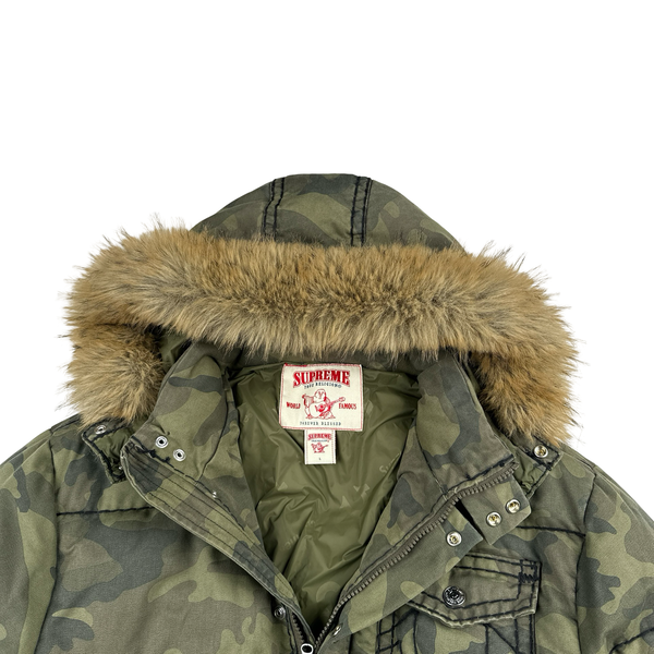 Supreme X True Religion Green Camo Contrast Stitch Pocket Puffer Fur Hood Jacket - Large