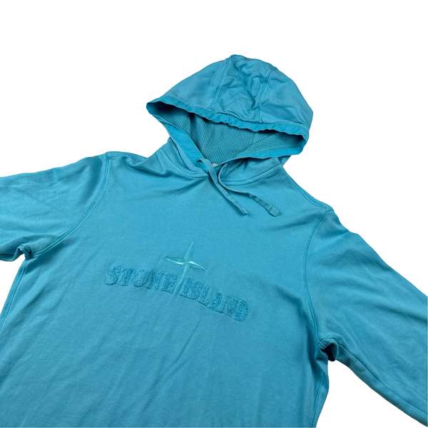 Stone Island Teal Blue Cotton Pullover Spellout Short Sleeve Hoodie - Small