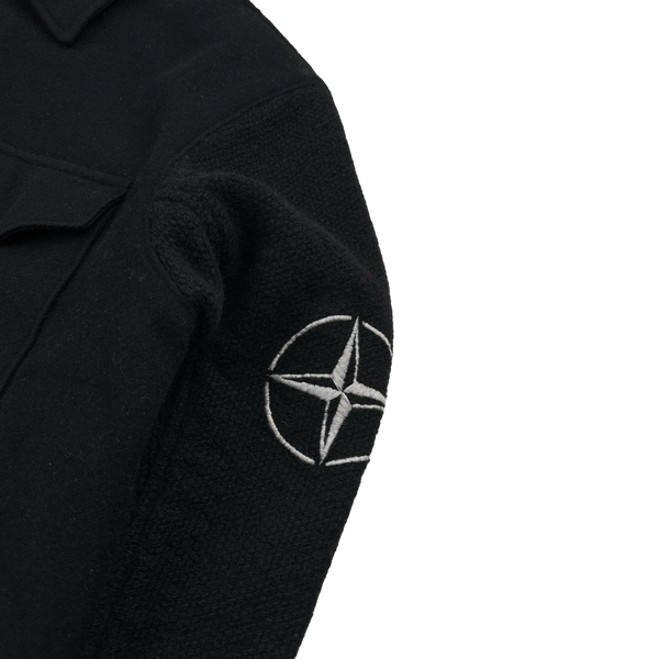 Stone Island 90s Black Wool Collared Buttoned Knit Compass Jumper - Large