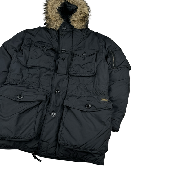 Ralph Lauren Black Down Filled Fur Hood Trim Puffer Jacket - Large