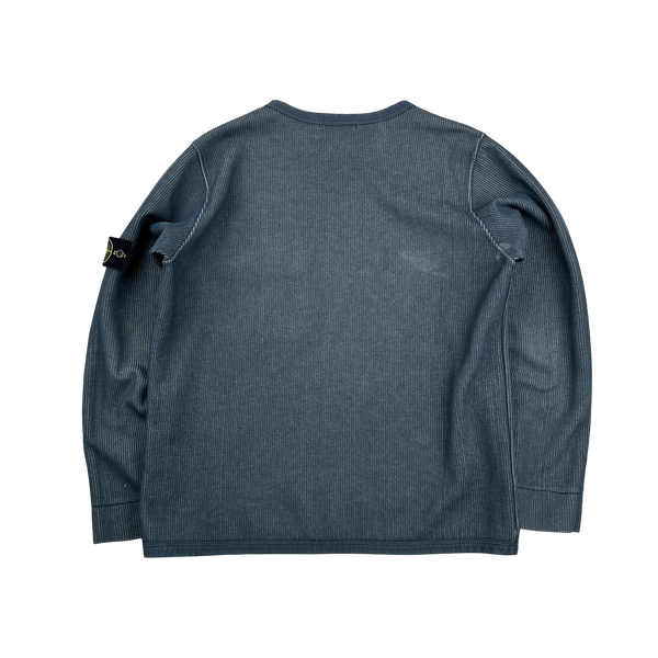 Stone Island Vintage 2000s Blue Ribbed Cotton Blend Pullover Jumper - Large
