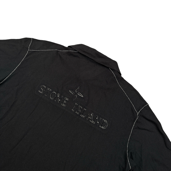 Stone Island 2004 Black Contrast Stitch Laser Cut Spellout Cotton Polo Shirt - XL