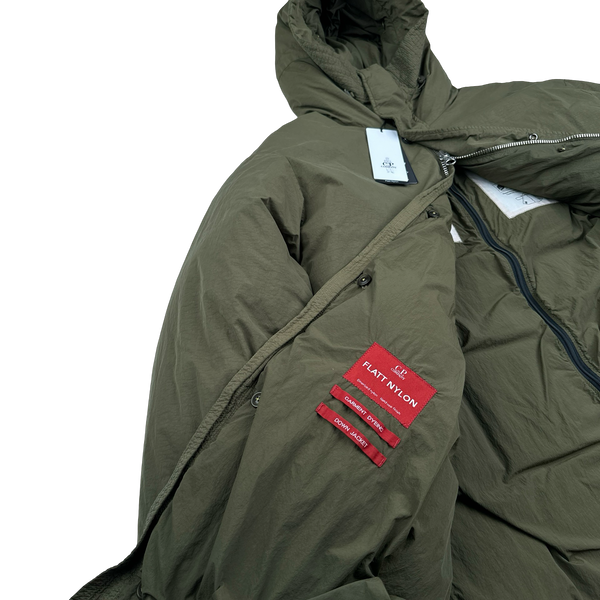 CP Company Khaki Flatt Nylon Extractable Down Filled Lens Viewer Long Puffer Jacket - Large