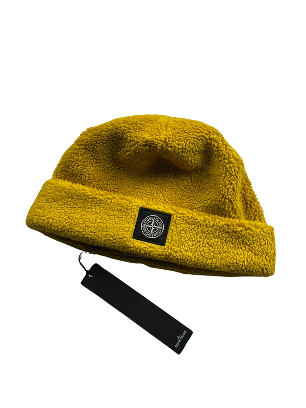 Stone Island Yellow Cotton Blend Teddy Fleece Beanie Hat