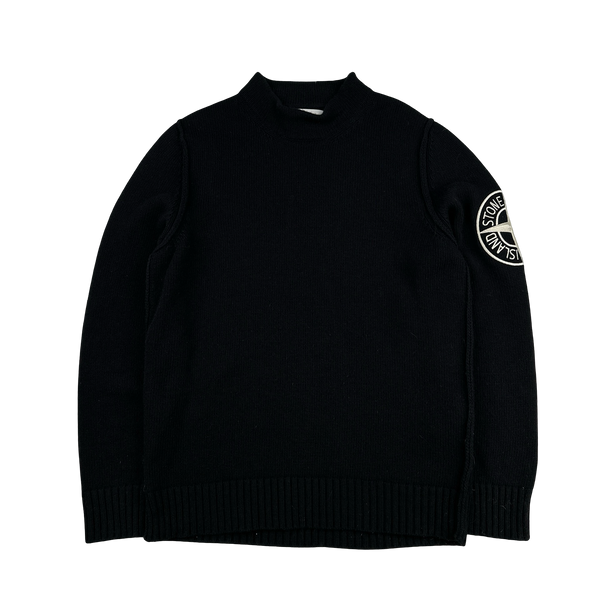 Stone Island 2020 Black Wool Spellout Embroidered Compass Mock Neck Jumper - Medium