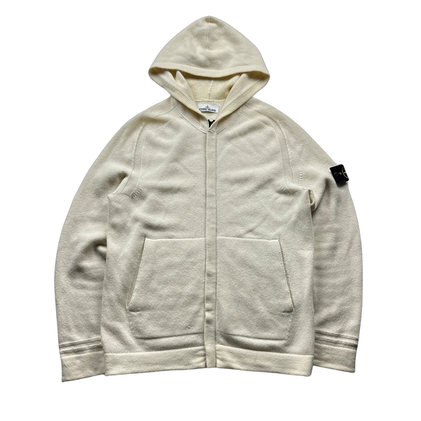 Stone Island Cream Lightweight Knitted Hooded Zipped Jumper - Large