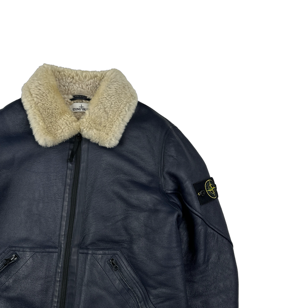 Stone Island 2014 Navy Hand Painted Leather Sheepskin Shearling Jacket - XL