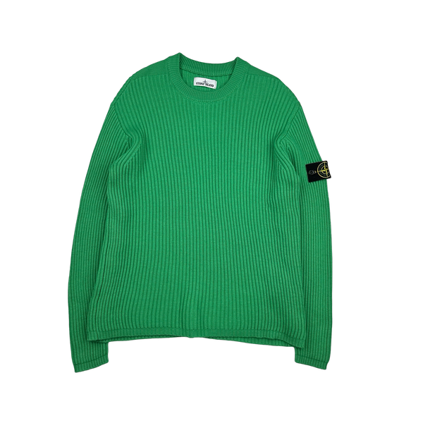 Stone Island 2021 Green Ribbed Wool Crewneck - Large