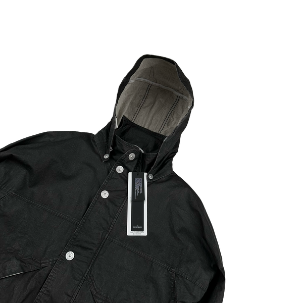 Stone Island 2024 Black Raw Plated Linen Marina Spellout Zipped Jacket - Large