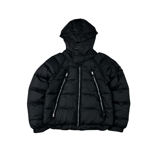 Stone Island 2005 Black Silver Zip Down Filled Mesh Badge Jacket - Medium