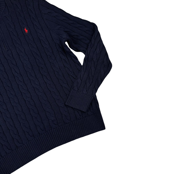 Ralph Lauren Navy Cotton Cable Knit Quarter Zip Jumper - XL