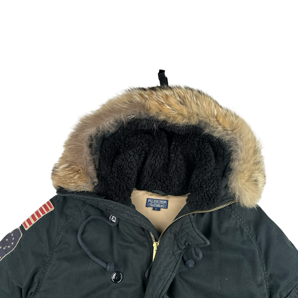 Ralph Lauren Black Down Filled Fur Hood Trim Puffer Jacket - Large