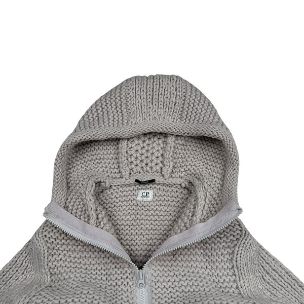 CP Company Grey Heavyweight 100% Wool Handmade Knitted Zipped Hoodie - Large
