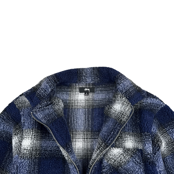 Stussy Blue Checked Teddy Fleece Zipped Jumper - Medium