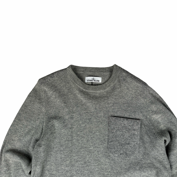 Stone Island 2018 Grey Wool Chest Pocket Crewneck Jumper - Medium