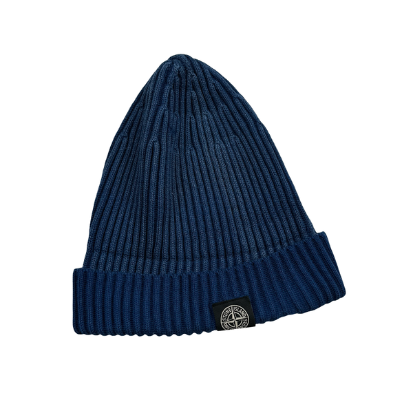 Stone Island Blue Ribbed Logo Patch Beanie