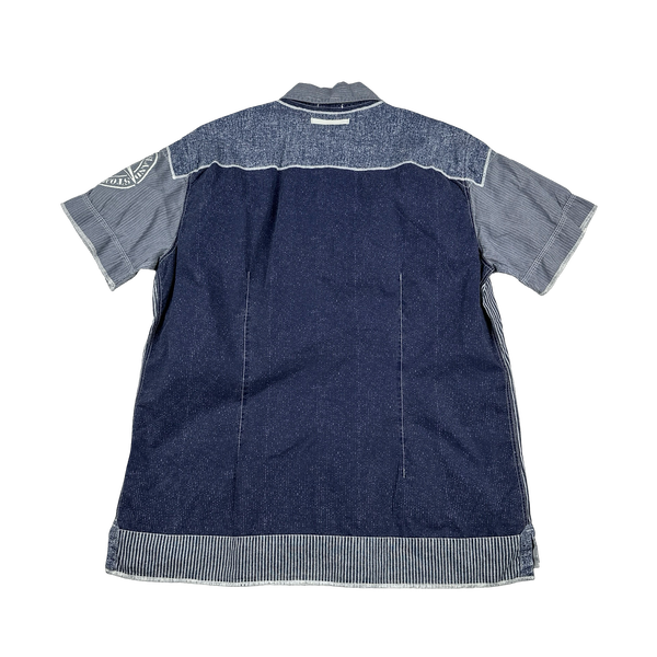 Stone Island 2009 Blue Pin Striped Linen Panelled Short Sleeve Shirt - XXL