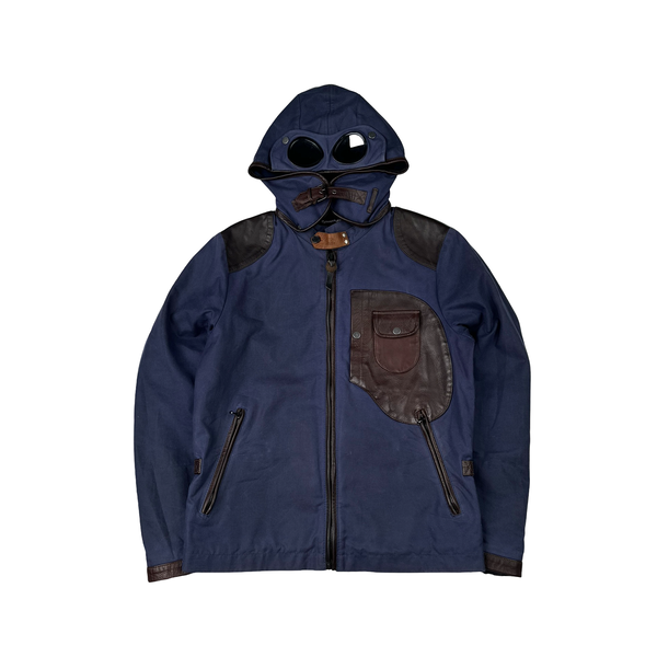 CP Company Blue/Brown Leather Hand Wax Finishing Goggle Jacket - Medium