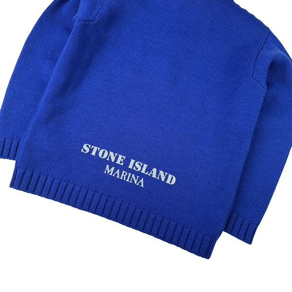 Stone Island 2025 Marina Blue Quarter Zip Pure Wool Knit Spellout Jumper - Large