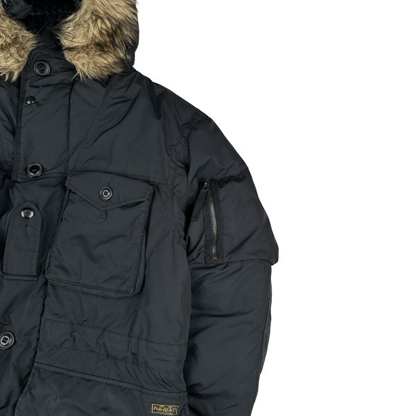 Ralph Lauren Black Down Filled Fur Hood Trim Puffer Jacket - Large