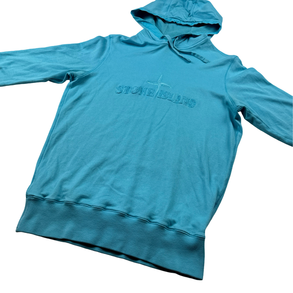 Stone Island Teal Blue Cotton Pullover Spellout Short Sleeve Hoodie - Small