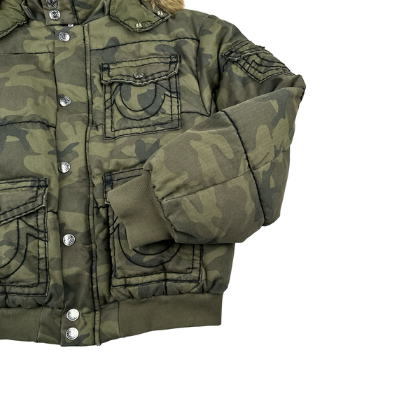 Supreme X True Religion Green Camo Contrast Stitch Pocket Puffer Fur Hood Jacket - Large