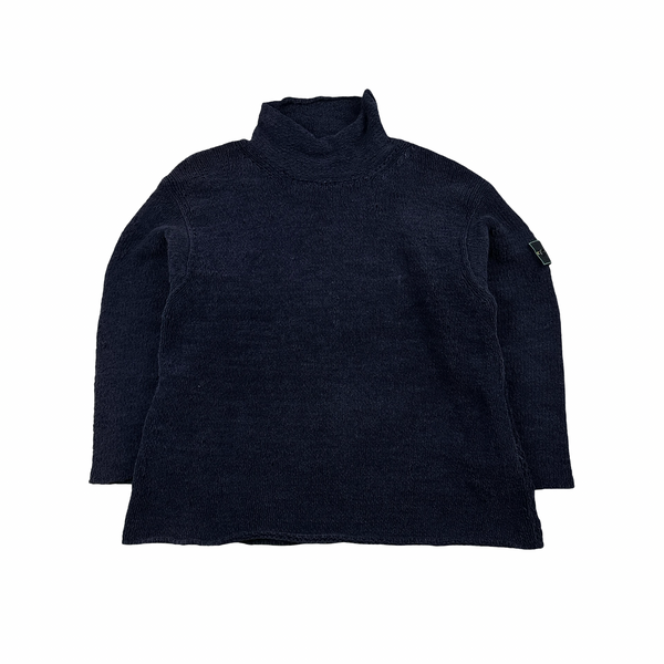 Stone Island 1995 Navy Knitted Chenille Green Edge Mock Neck Pullover - XL