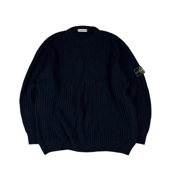Stone Island Vintage Green Edge Ribbed Wool Pullover Mock Neck Jumper Navy - XXL