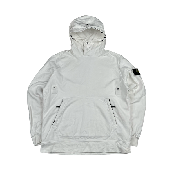 Stone Island 2021 White Contrast Piping Pullover Hoodie - Large