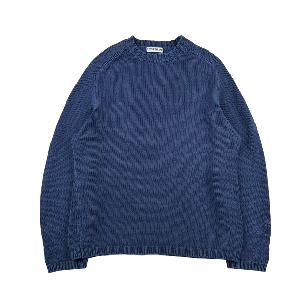Stone Island 1998 Vintage Blue Cotton Cuff Spellout Pullover Knit - XL