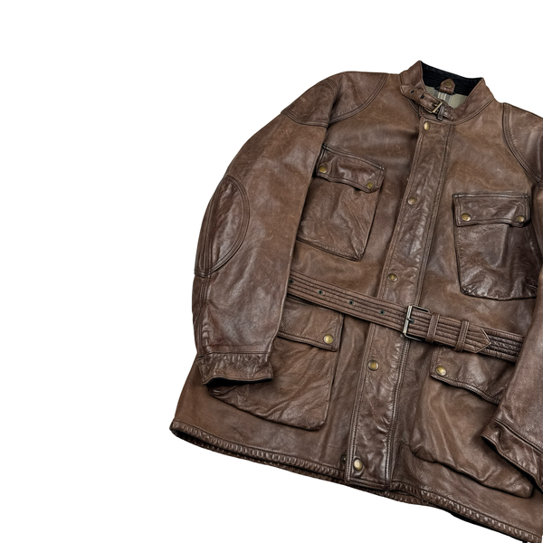 Belstaff Brown Multi Pocket Field Leather Zipped Heavyweight Jacket - XL