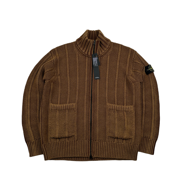 Stone Island 2023 Brown Wool President Knit Zipped Jumper - Large