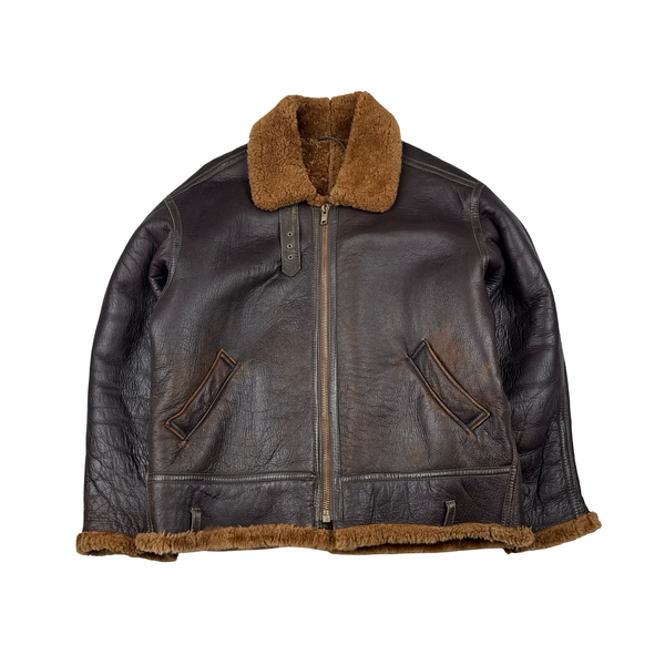 Shearling Lined Aviator Pilot Thick Leather Vintage Jacket - XL