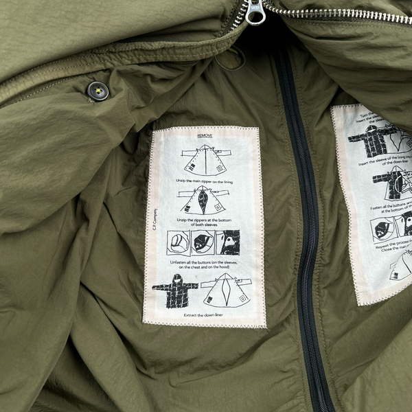 CP Company Khaki Flatt Nylon Extractable Down Filled Lens Viewer Long Puffer Jacket - Large