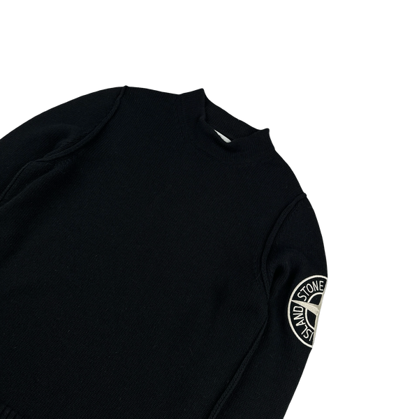Stone Island 2020 Black Wool Spellout Embroidered Compass Mock Neck Jumper - Medium