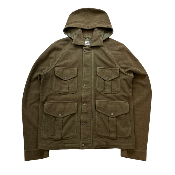 CP Company Beige Cotton Fleece Hooded Multi Pocket Jacket - Large